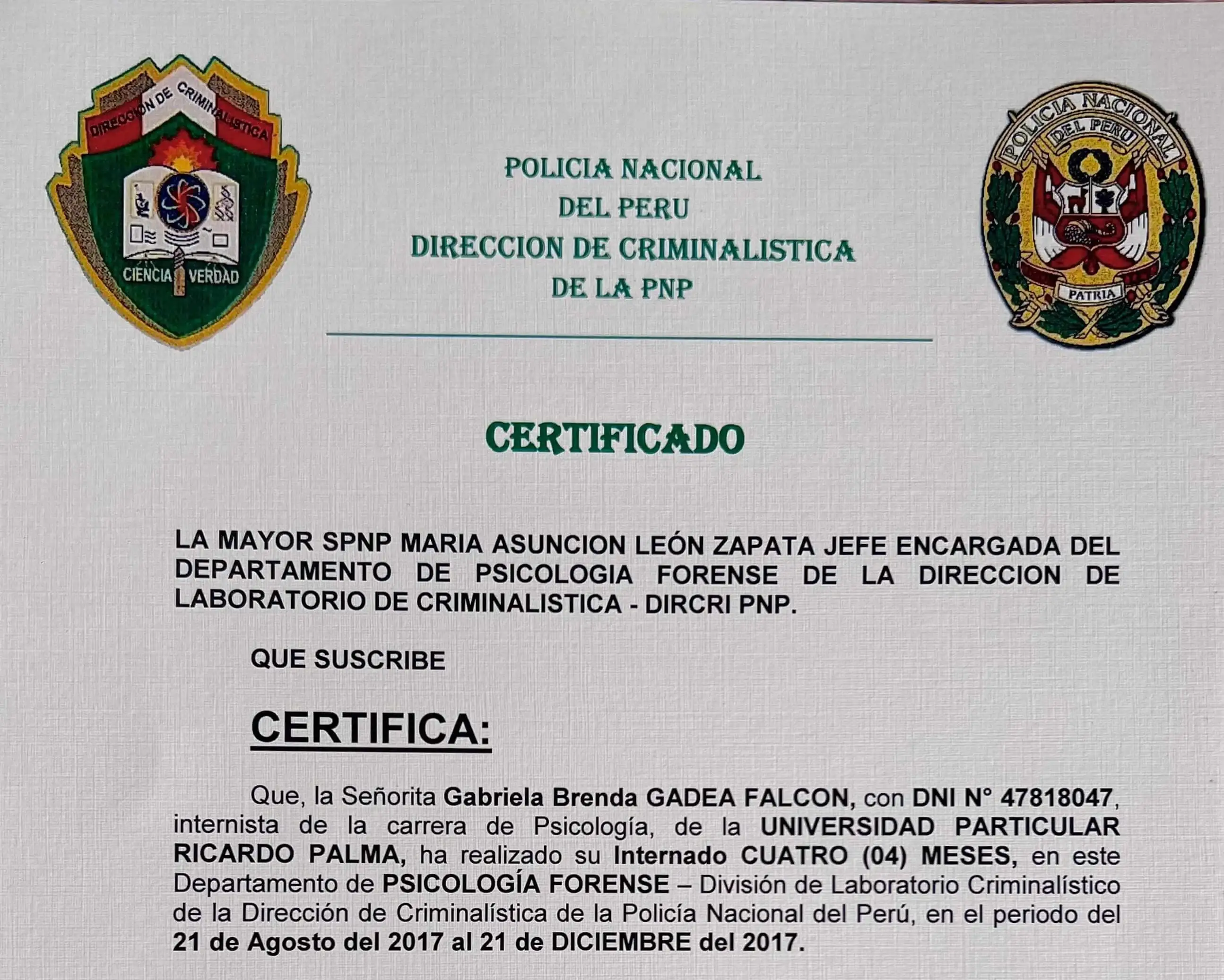 Certificado DIRCRI PNP